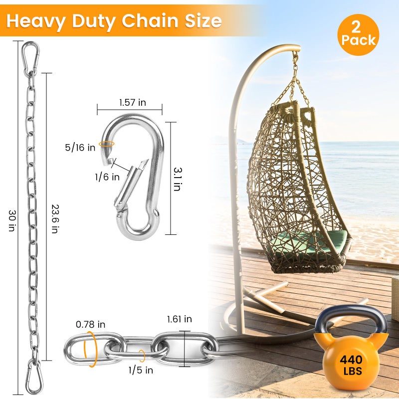 Syocsek 2 Pack 30 Inch Heavy Duty Chains for Swing  440LB Hanging Chair Chain with 5/16 Thick Clasps  Adjustable Stainless Steel Chain Extension for Porch Tree Swing Hammock Chair Boxing Bag Yoga Gym - Image 2